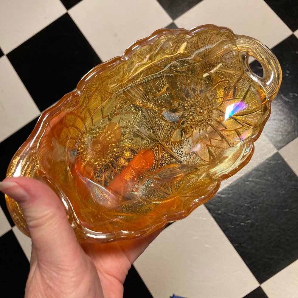 Vintage Carnival Glass Marigold/Sunflower Iridescent Oval Dish w/Handles